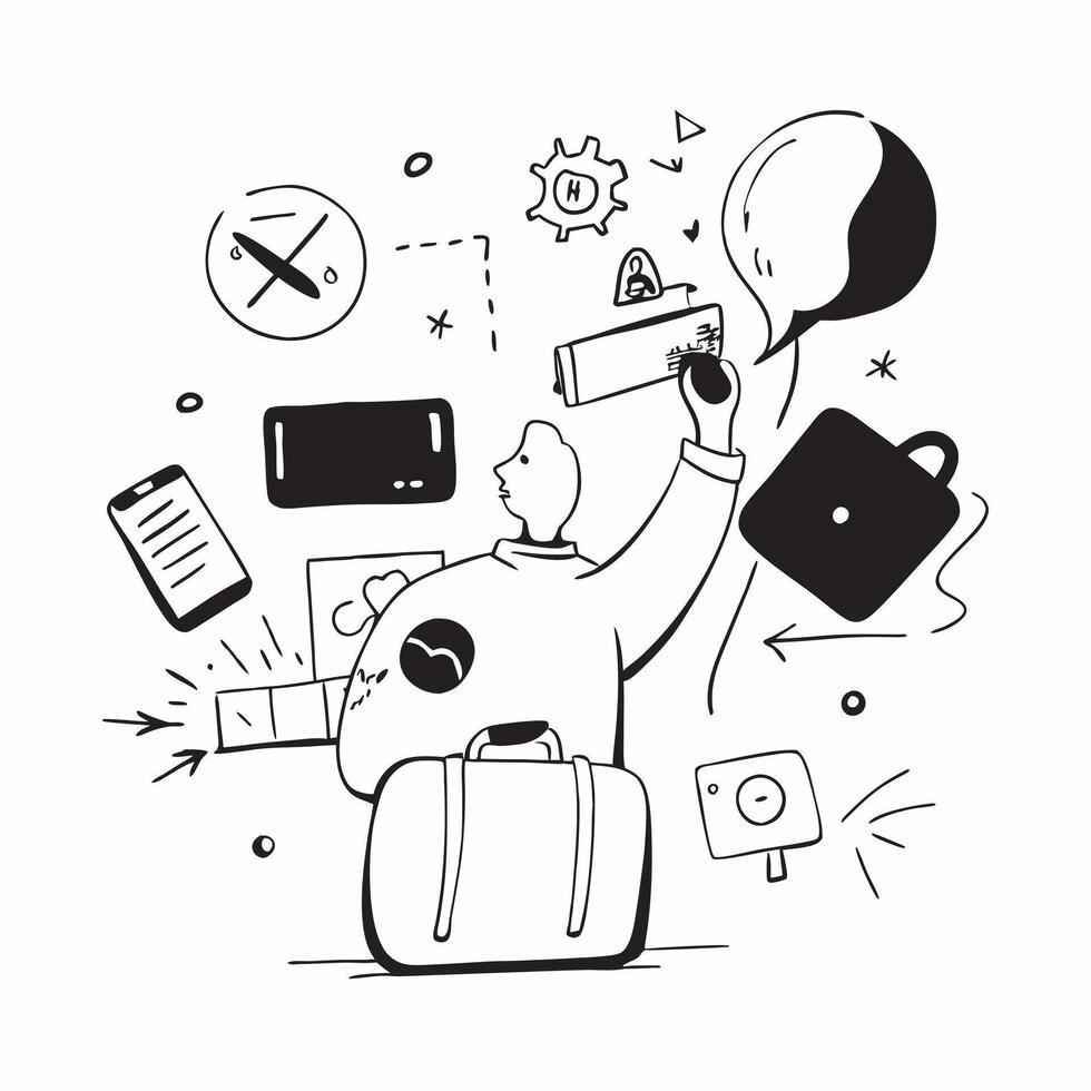 Person with travel bag documents and phone overlay symbolizing American business travel in double exposure with copy space concept as A person intertwined with a travel bag docume Clean vector