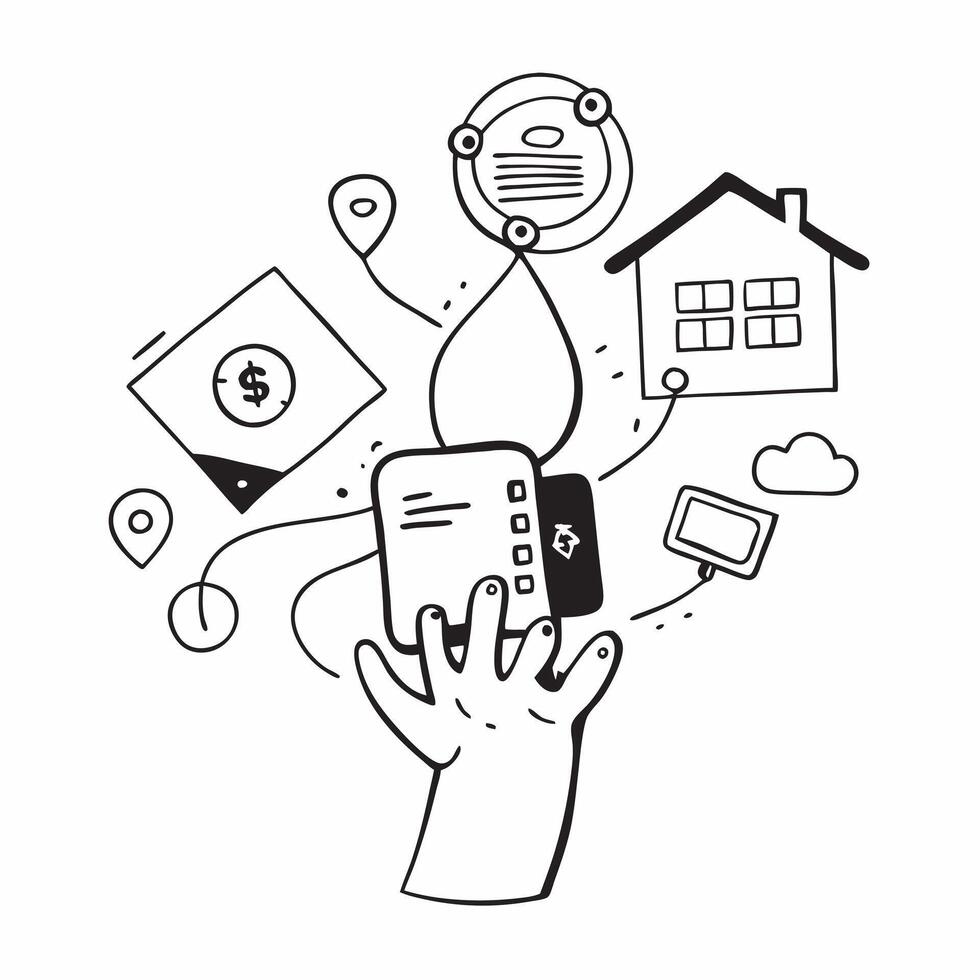 Person with smart home security and tech overlay symbolizing integrated home security in double exposure with copy space concept as A person intertwined with a smart home security Clean vector