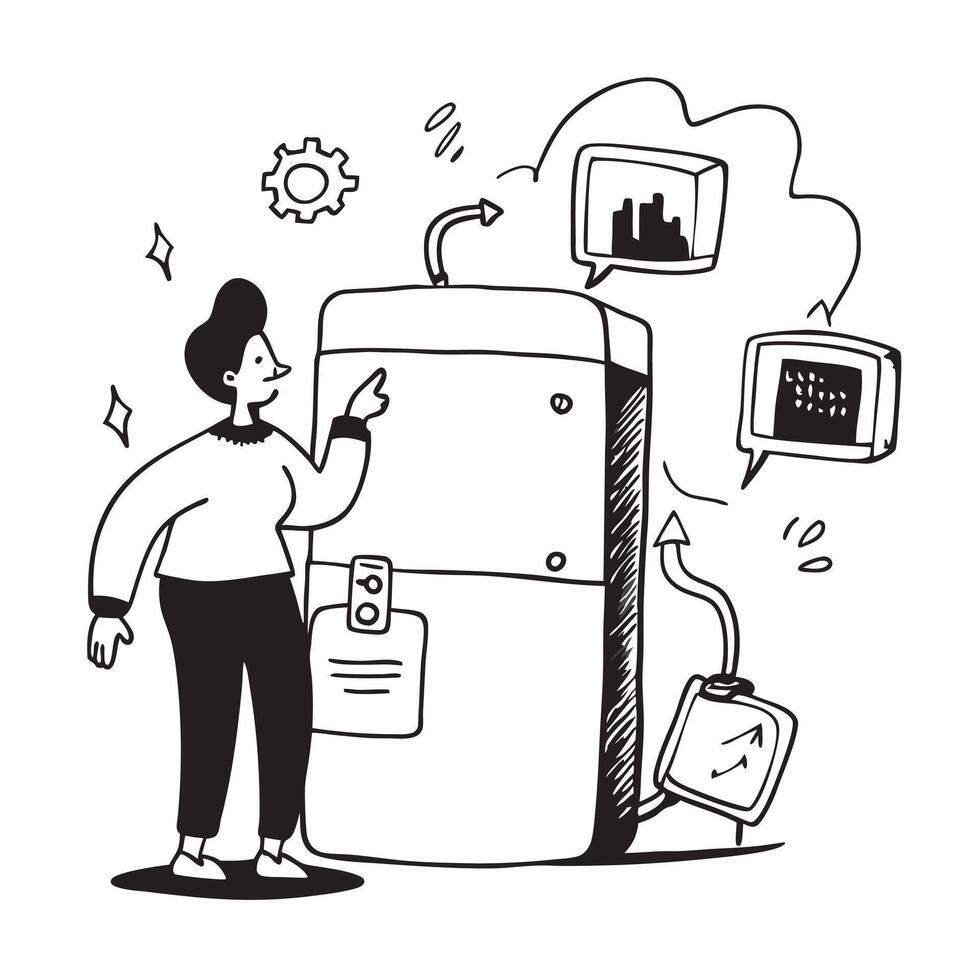 Person with smart fridge and tech overlay symbolizing advanced kitchen technology in double exposure with copy space concept as A person intertwined with a smart fridge and tech s Clean vector