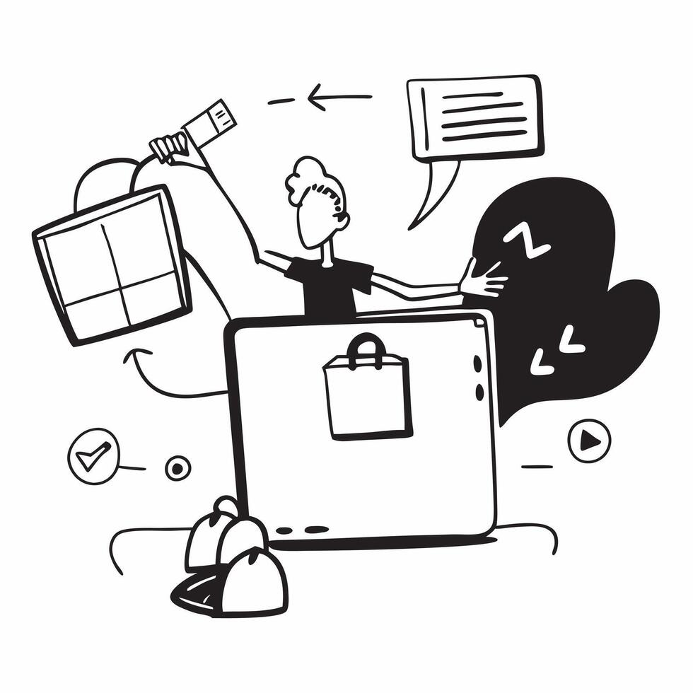 Person with online shopping cart laptop and delivery box overlay symbolizing American e commerce with copy space concept as A person intertwined with an online shopping cart lapto Clean vector