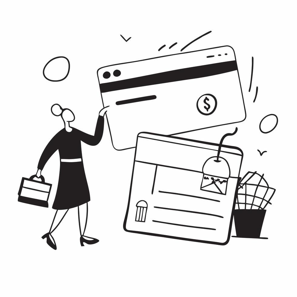 Person with shopping cart credit card and checkout counter overlay symbolizing American retail checkout with copy space concept as A person intertwined with a shopping cart credit Clean vector