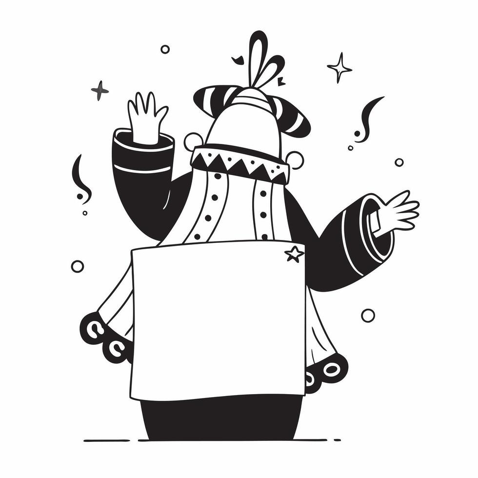 Person with festival colorful costumes and traditional music overlay symbolizing festival cultural travel with copy space concept as A person intertwined with festival colorful co Clean vector