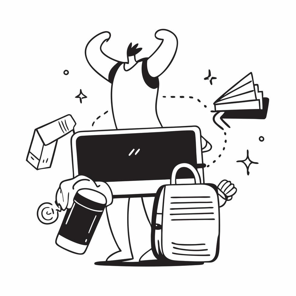 Person with gym bag laptop and water bottle overlay symbolizing American work life balance in double exposure with copy space concept as A person intertwined with a gym bag laptop Clean vector