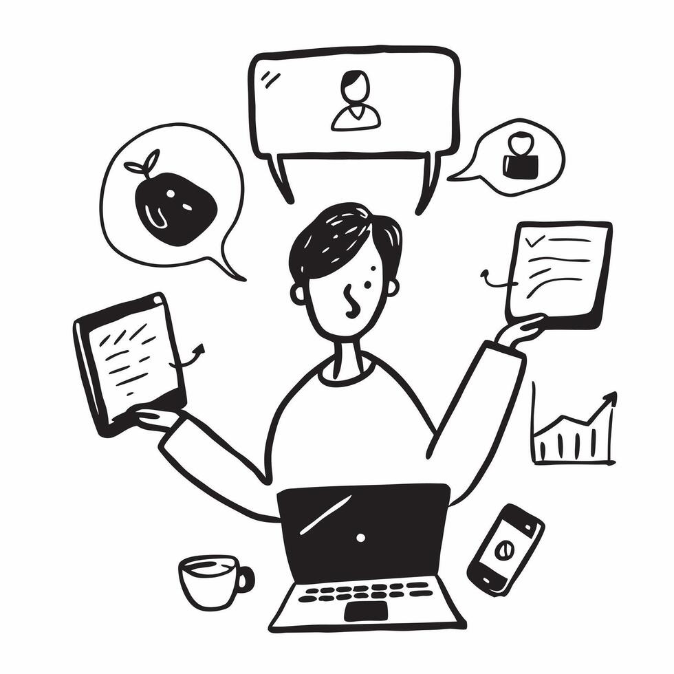 Person with laptop coffee and conference call overlay symbolizing American remote meeting lifestyle in double exposure with copy space concept as A person intertwined with a lapto Clean vector
