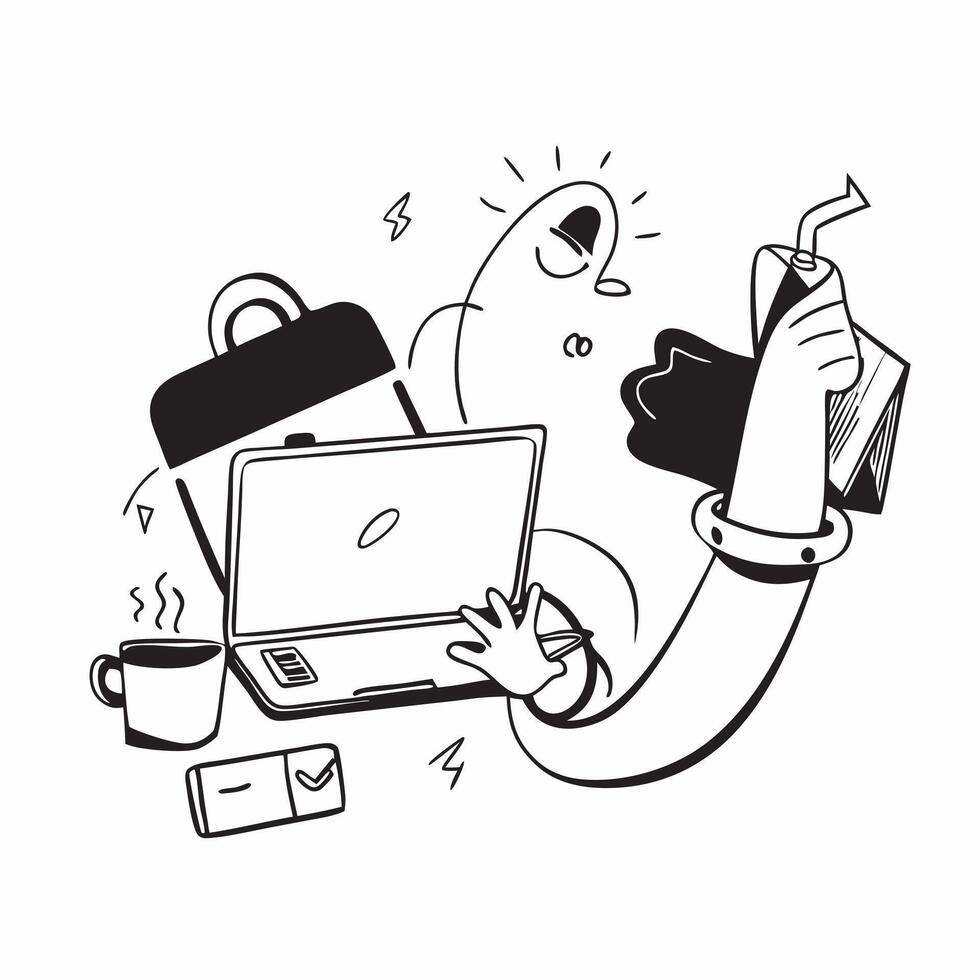 Person with laptop coffee and briefcase overlay symbolizing American professional lifestyle in double exposure with copy space concept as A person intertwined with a laptop coffee Clean vector