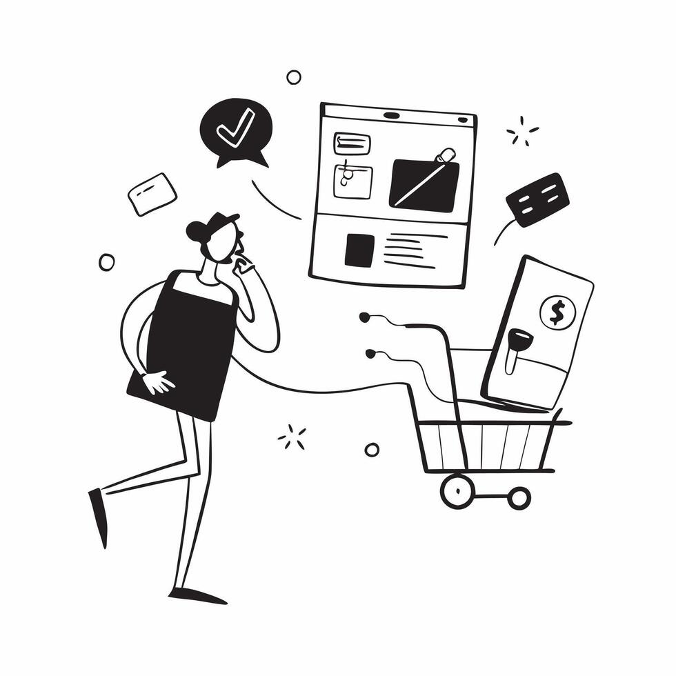 Person with electronics store gadgets and shopping cart overlay symbolizing American electronics shopping with copy space concept as A person intertwined with an electronics store Clean vector