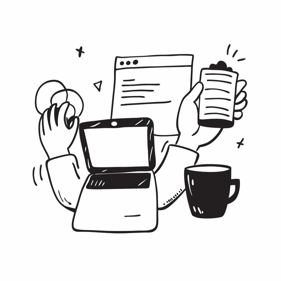 Person with coffee cup laptop and smartphone overlay symbolizing American work from home lifestyle in double exposure with copy space concept as A person intertwined with a coffee Clean vector