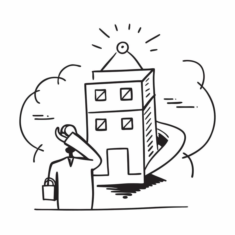 Person with briefcase coffee and office building overlay symbolizing American corporate workday in double exposure with copy space concept as A person intertwined with a briefcase Clean vector