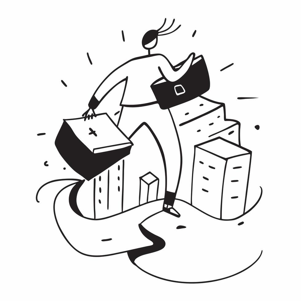 Person with briefcase documents and cityscape overlay symbolizing American urban professional lifestyle in double exposure with copy space concept as A person intertwined with a b Clean vector