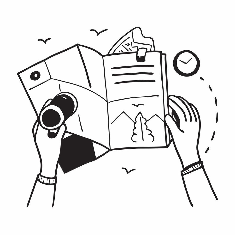 Person with a travel diary panoramic view and binoculars overlay symbolizing travel documentation photography with copy space concept as A person intertwined with a travel diary p Clean vector