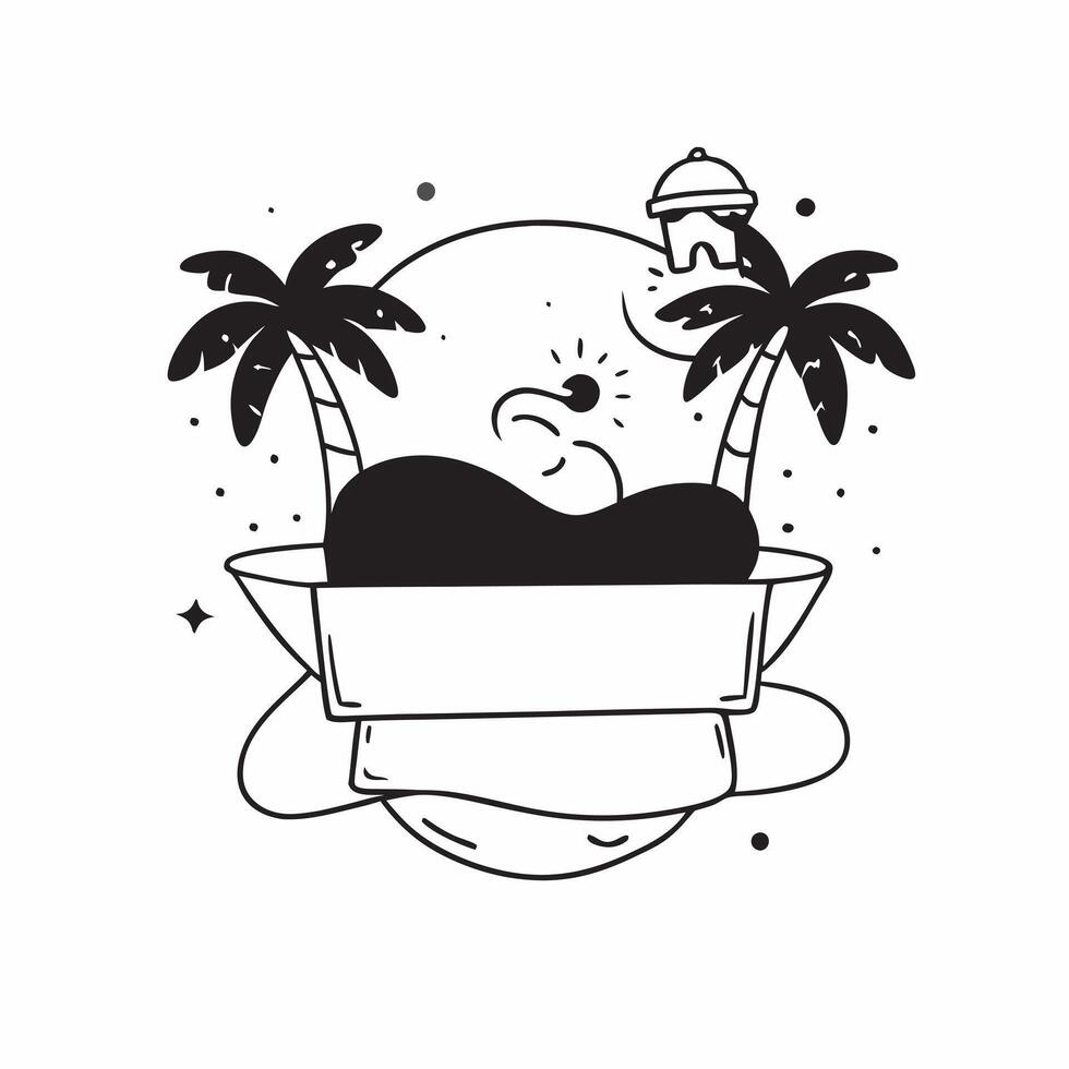 Person with a tropical island palm trees and beach towel overlay symbolizing tropical travel in double exposure with copy space concept as A person intertwined with a tropical isl Clean vector