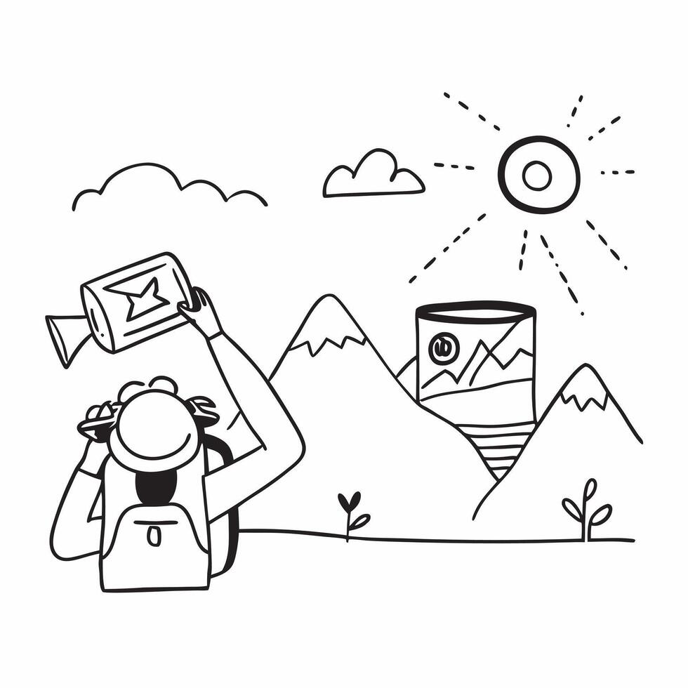 Person with a travel backpack scenic vista and wide angle lens overlay symbolizing landscape travel photography with copy space concept as A person intertwined with a travel backp Clean vector