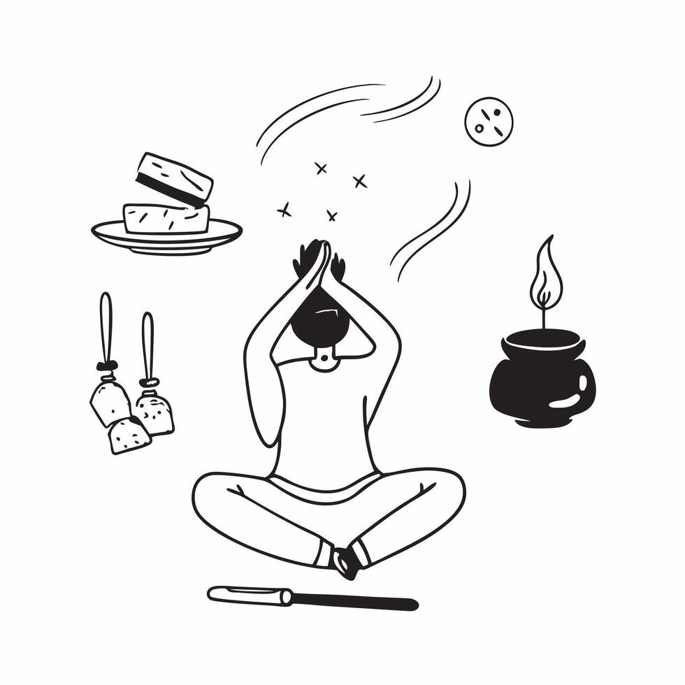 Person with a temple incense and meditation pose overlay symbolizing spiritual cultural travel with copy space concept as A person intertwined with a temple incense and meditation Clean vector