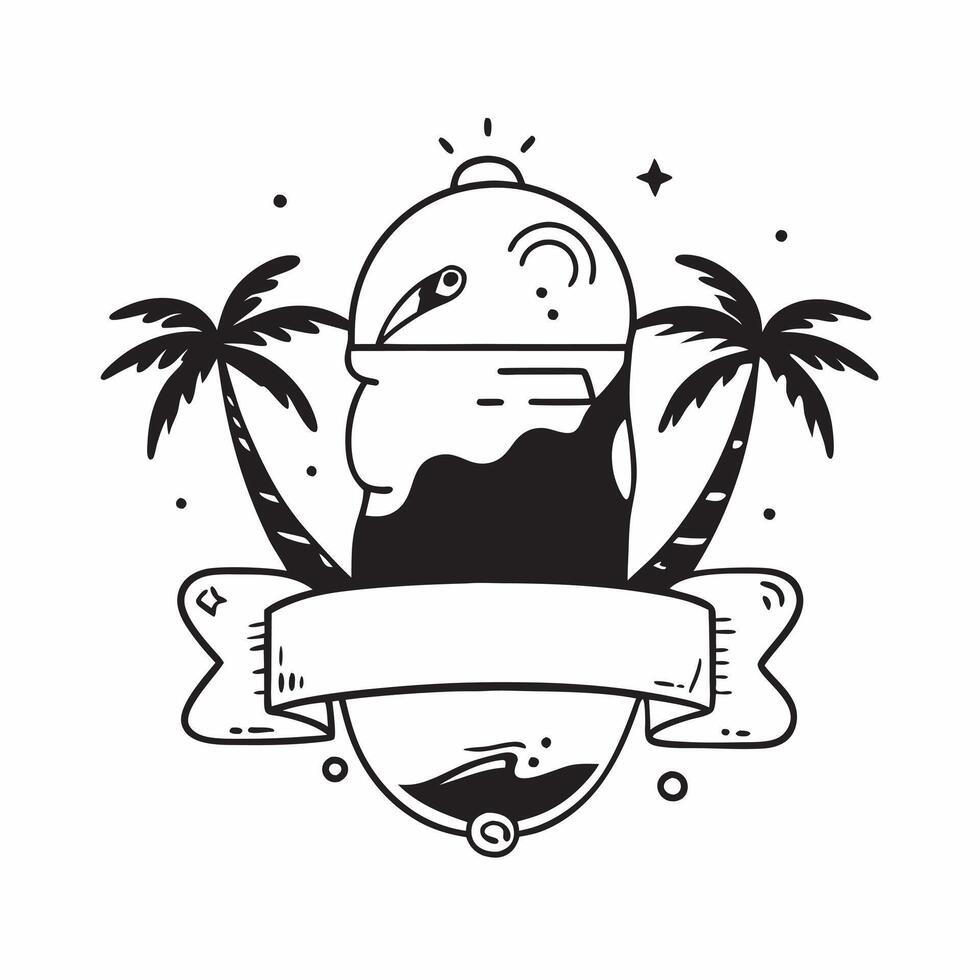 Person with a tropical island palm trees and beach towel overlay symbolizing tropical travel in double exposure with copy space concept as A person intertwined with a tropical isl Clean Set 2 vector