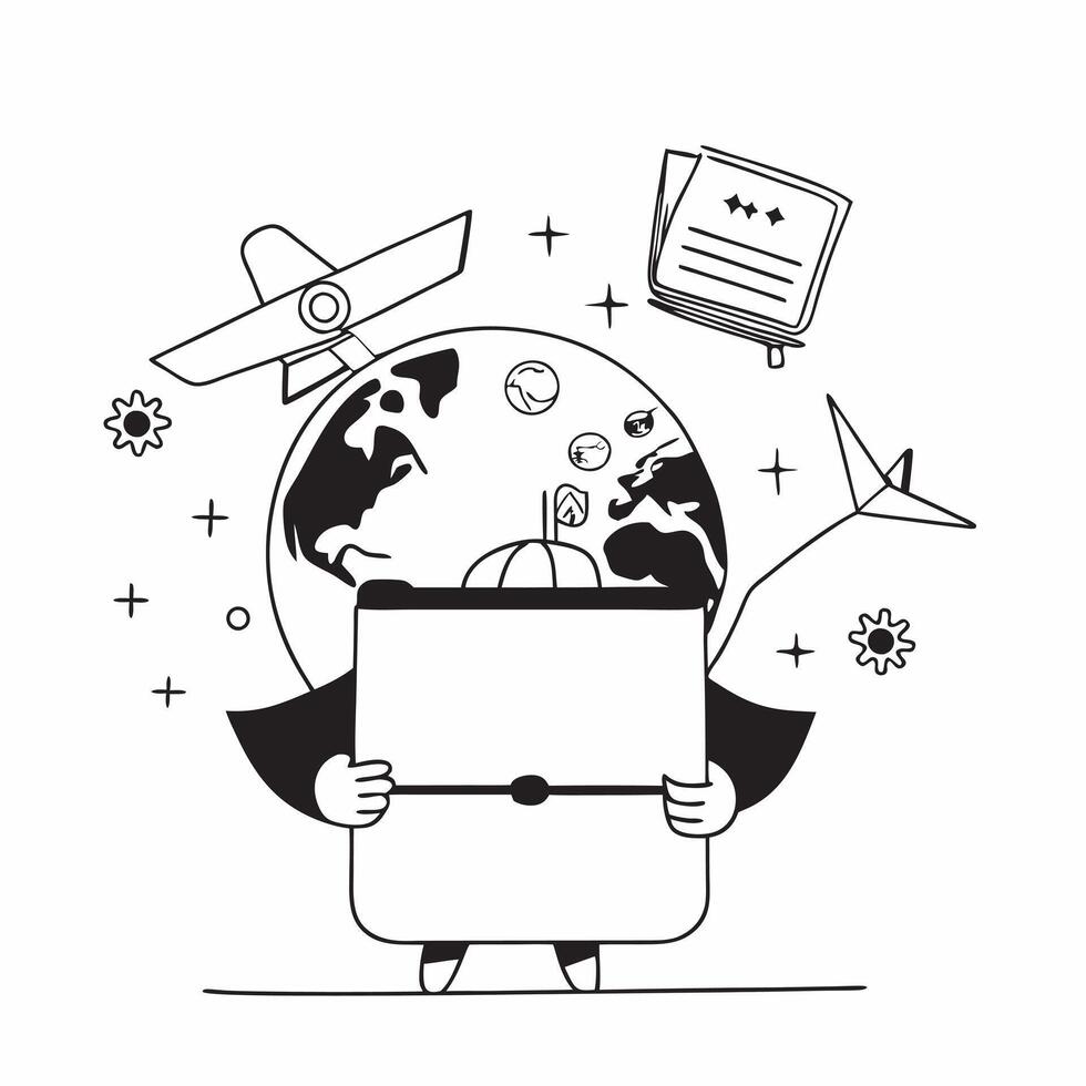 Person with a suitcase airplane and passport overlay symbolizing American travel in double exposure with copy space concept as A person intertwined with a suitcase airplane and pa Clean Set 2 vector