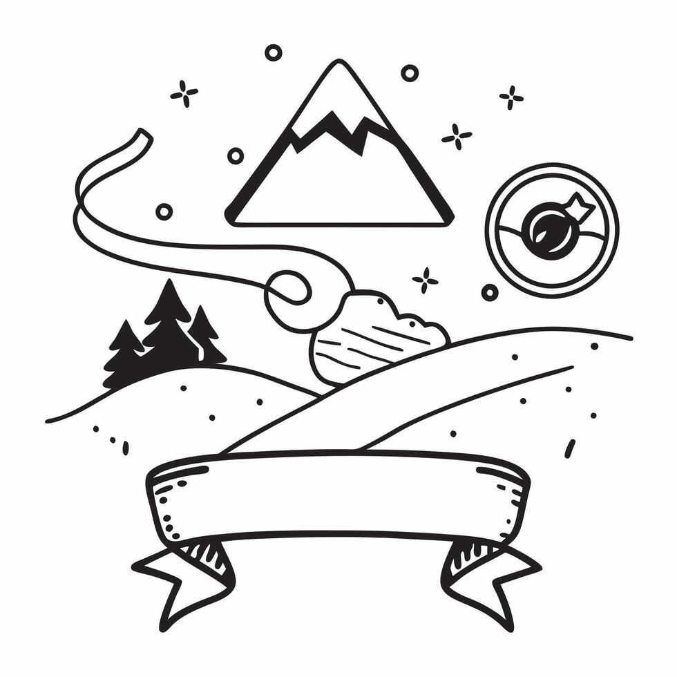 Person with a snowboard snowy mountains and goggles overlay symbolizing snowboarding adventure travel with copy space concept as A person intertwined with a snowboard snowy mounta Clean vector