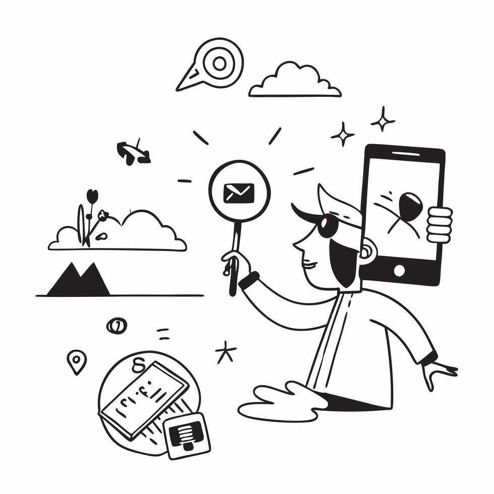 Person with a smartphone beach view and selfie stick overlay symbolizing travel selfies with copy space concept as A person intertwined with a smartphone beach view and selfie sti Clean vector