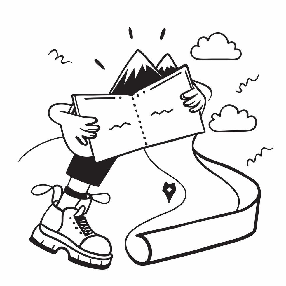 Person with a road map mountain pass and hiking boots overlay symbolizing mountain road trip with copy space concept as A person intertwined with a road map mountain pass and hiki Clean vector