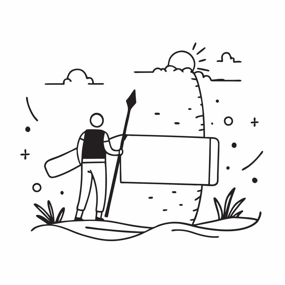 Person with a paddleboard lake view and life jacket overlay symbolizing paddleboarding adventure travel with copy space concept as A person intertwined with a paddleboard lake vie Clean vector