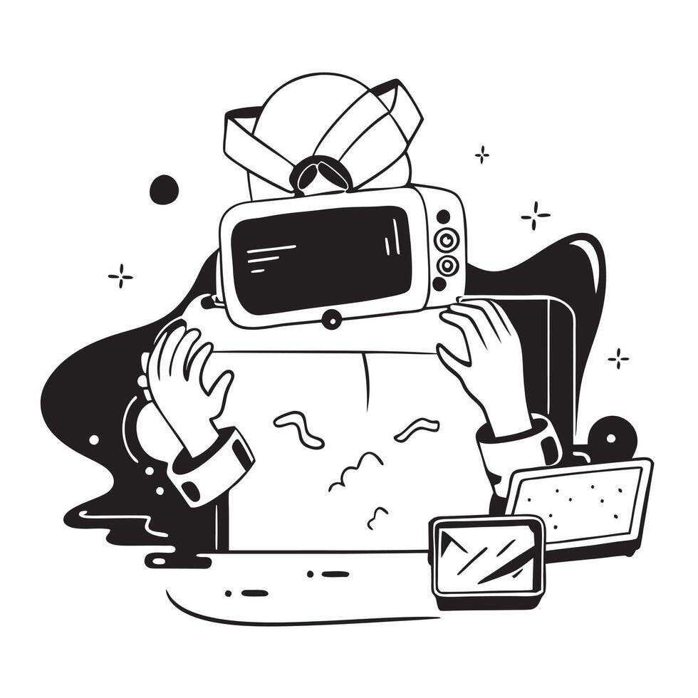 Person with a modern living room gaming console and VR headset overlay symbolizing immersive digital entertainment in double exposure with copy space concept as A person intertwin Clean vector