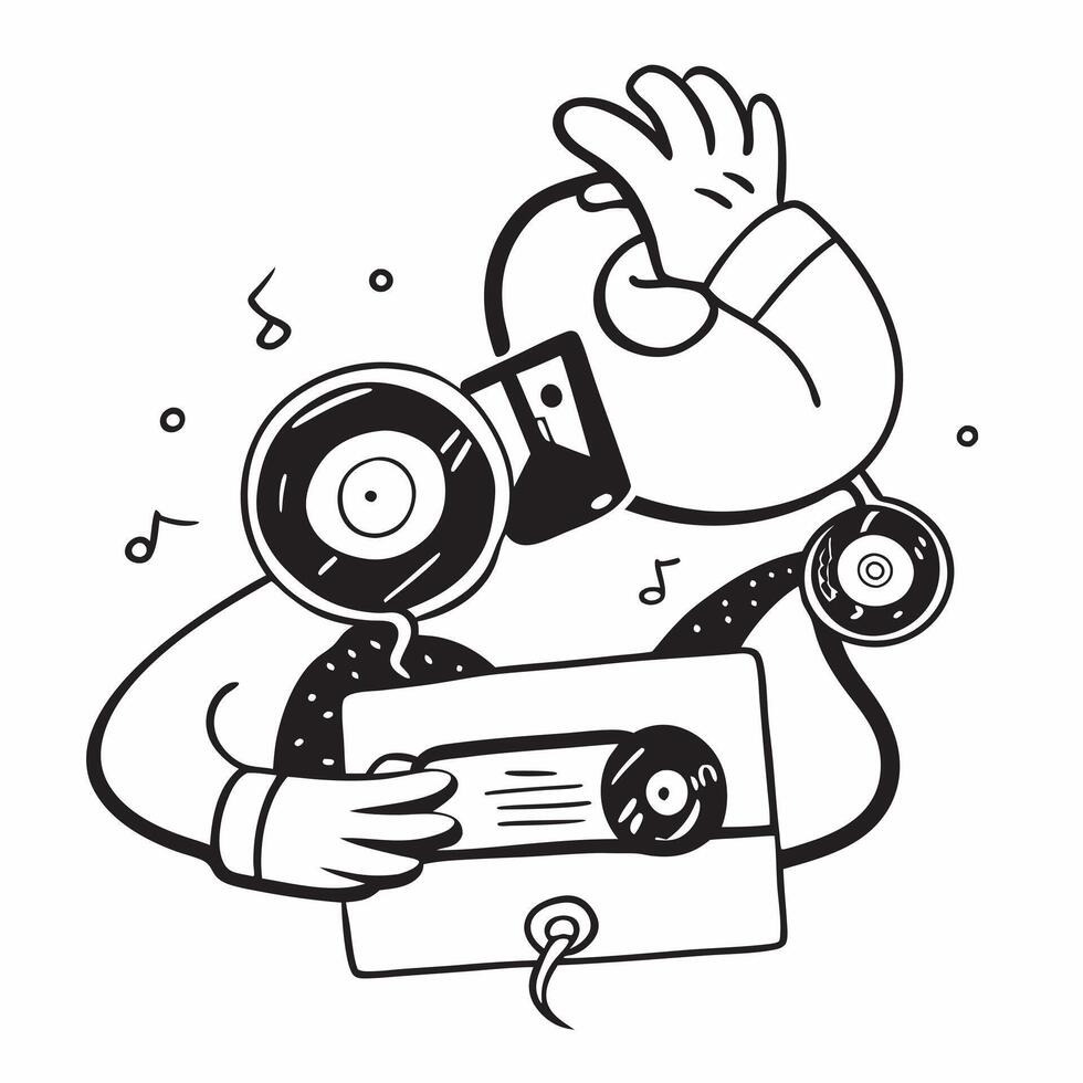 Person with a music store vinyl records and headphones overlay symbolizing American music shopping in double exposure with copy space concept as A person intertwined with a music Clean vector