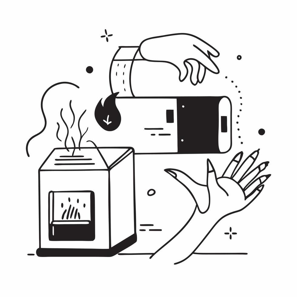 Person with a modern fireplace cozy sofa and smart thermostat overlay symbolizing contemporary home comfort in double exposure with copy space concept as A person intertwined with Clean vector
