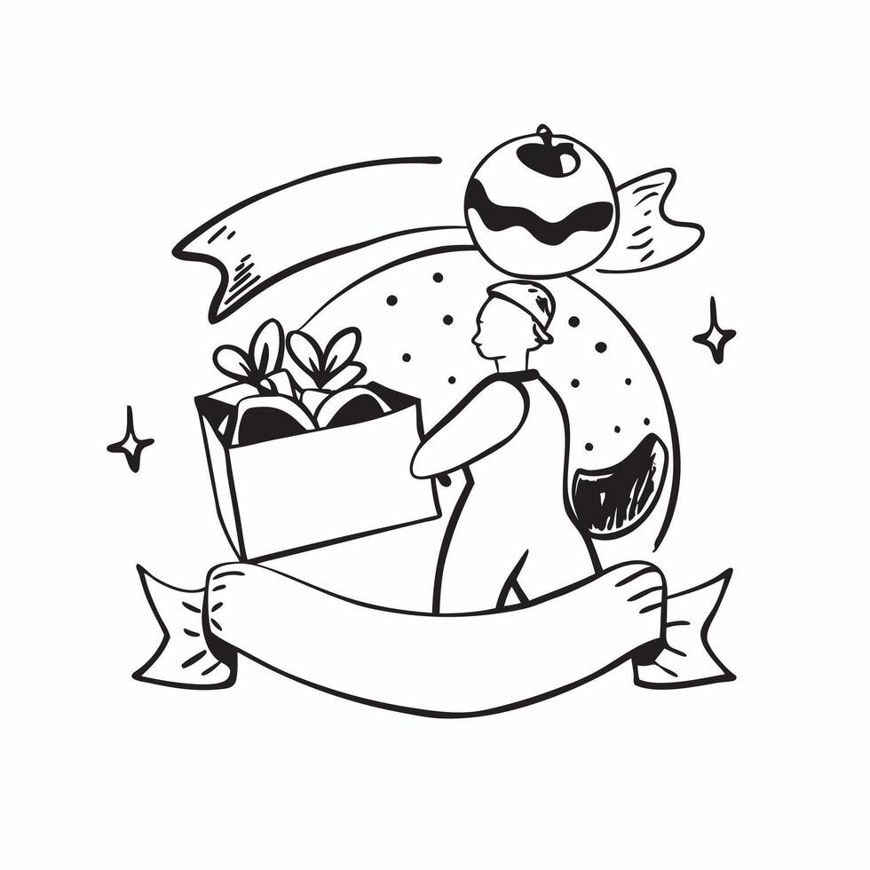 Person with a local market fresh fruits and tote bag overlay symbolizing American farmers market shopping in double exposure with copy space concept as A person intertwined with a Clean vector
