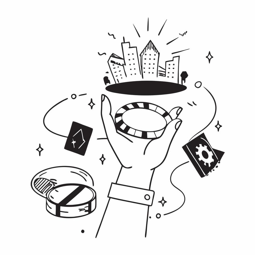 Person with a Las Vegas strip view casino chips and smartphone overlay symbolizing nightlife city life in double exposure with copy space concept as A person intertwined with the Clean vector