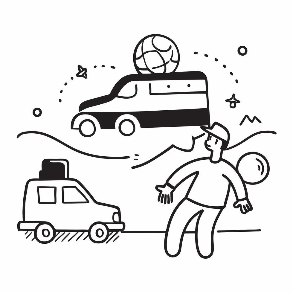 Person with a minivan soccer ball and backpack overlay symbolizing American family mobility in double exposure with copy space concept as A person intertwined with a minivan socce Clean vector