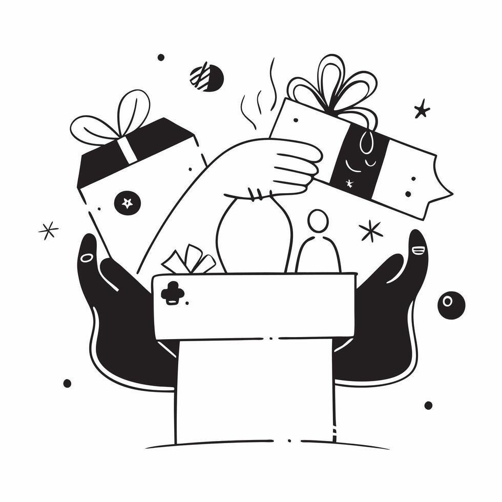 Person with a holiday decorations presents and family members overlay symbolizing American family celebrations in double exposure with copy space concept as A person intertwined w Clean vector