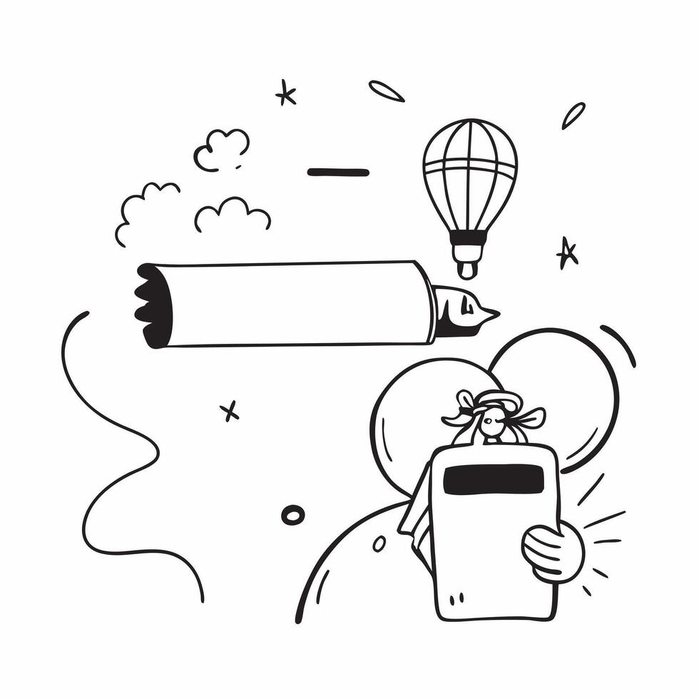 Person with a hot air balloon scenic view and binoculars overlay symbolizing scenic travel in double exposure with copy space concept as A person intertwined with a hot air balloo Clean vector
