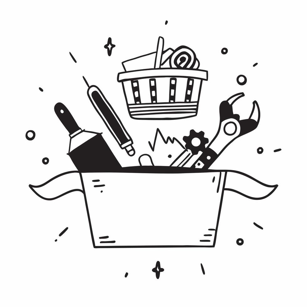 Person with a hardware store tools and shopping basket overlay symbolizing American DIY shopping in double exposure with copy space concept as A person intertwined with a hardware Clean vector