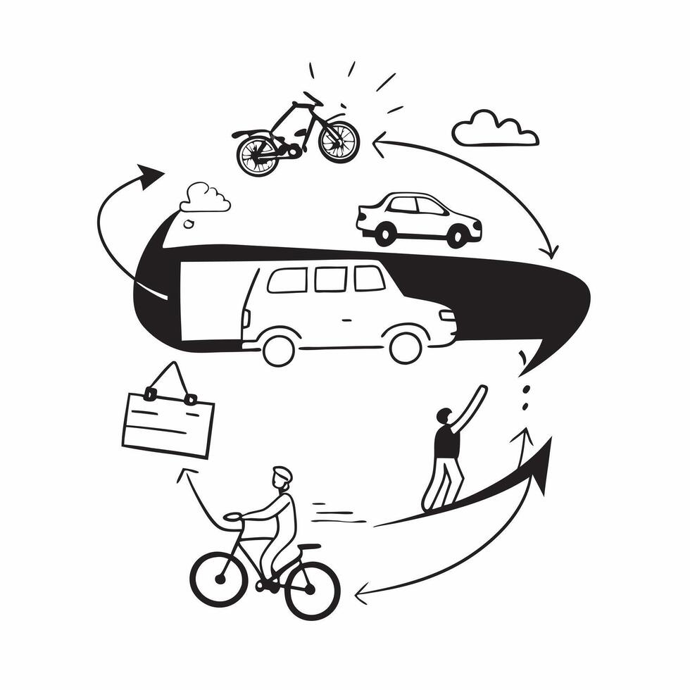 Person with a family SUV garage and bicycles overlay symbolizing American suburban mobility in double exposure with copy space concept as A person intertwined with a family SUV ga Clean vector