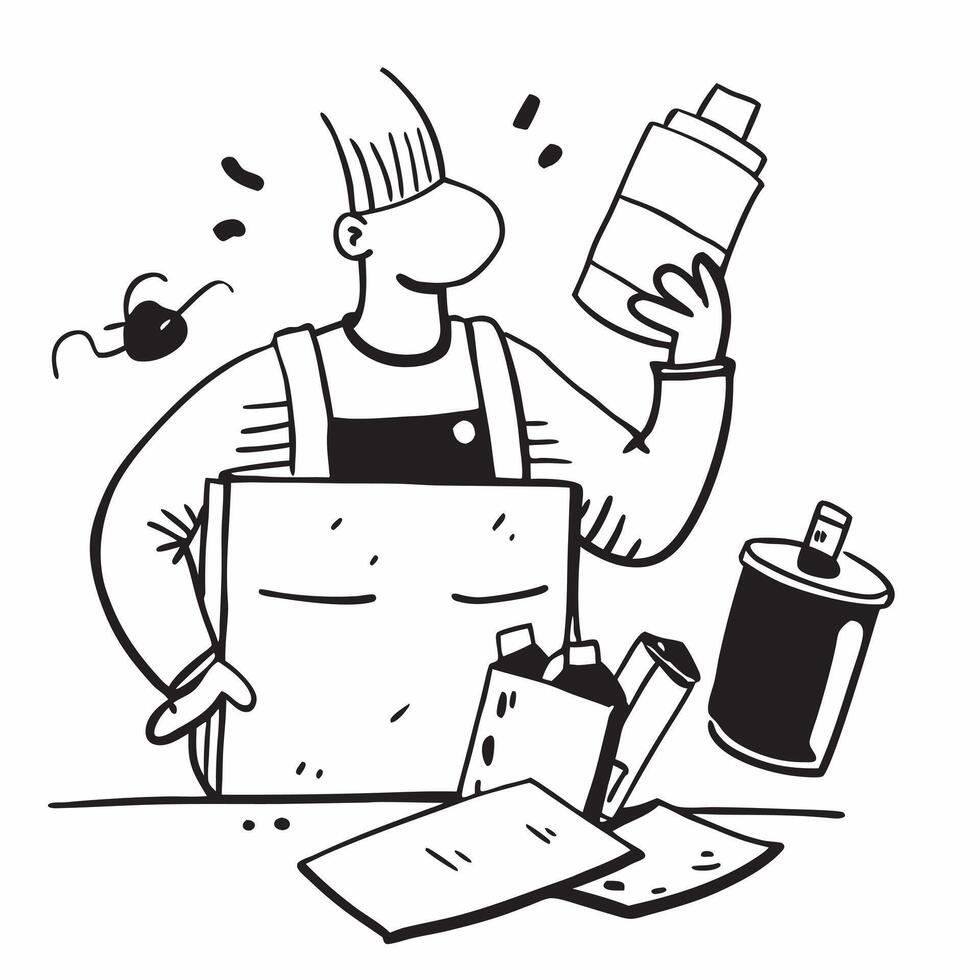 Person with a home improvement store paint cans and toolbox overlay symbolizing American home improvement shopping with copy space concept as A person intertwined with a home impr Clean vector