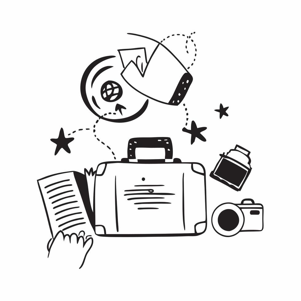 Person with a film camera vintage suitcase and travel journal overlay symbolizing nostalgic travel photography with copy space concept as A person intertwined with a film camera v Clean vector