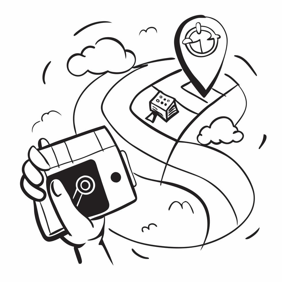 Person with a family car GPS and road map overlay symbolizing American family road trips in double exposure with copy space concept as A person intertwined with a family car GPS a Clean vector