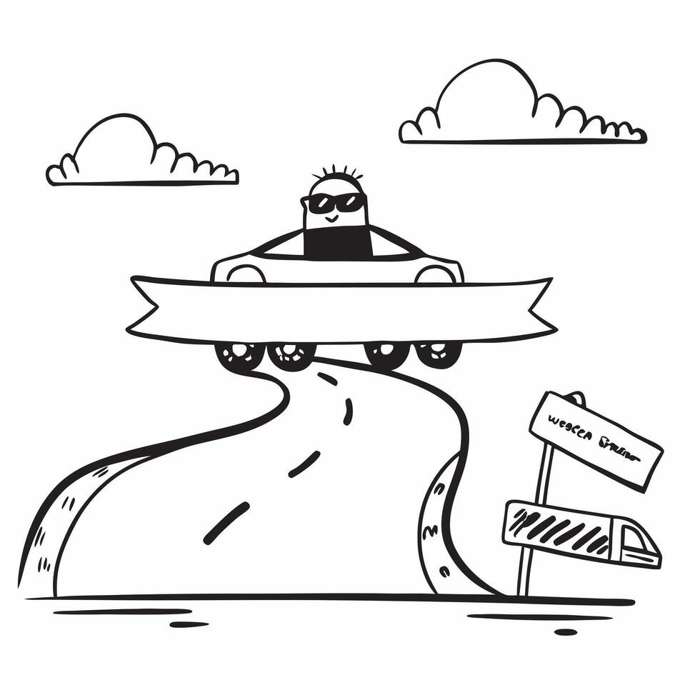 Person with a convertible coastal highway and sunglasses overlay symbolizing coastal road trip with copy space concept as A person intertwined with a convertible coastal highway a Clean vector