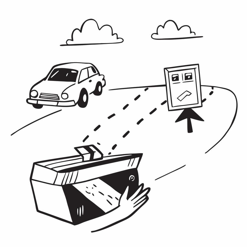 Person with a convertible car highway and travel guide overlay symbolizing modern road trip with copy space concept as A person intertwined with a convertible car highway and trav Clean vector