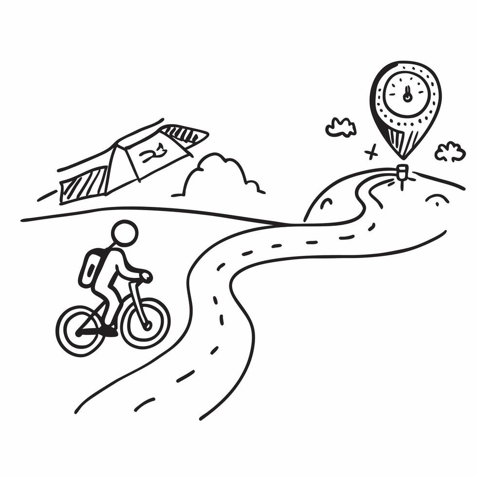 Person with a bicycle coastal road and backpack overlay symbolizing cycling road trip with copy space concept as A person intertwined with a bicycle coastal road and backpack repr Clean vector
