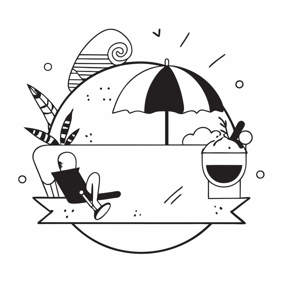 Person with a beach umbrella cocktail and lounge chair overlay symbolizing beach lounging with copy space concept as A person intertwined with a beach umbrella cocktail and lounge Clean vector