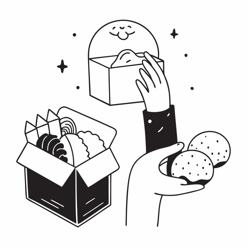Person with a bakery pastries and takeout box overlay symbolizing American bakery shopping in double exposure with copy space concept as A person intertwined with a bakery pastrie Clean vector