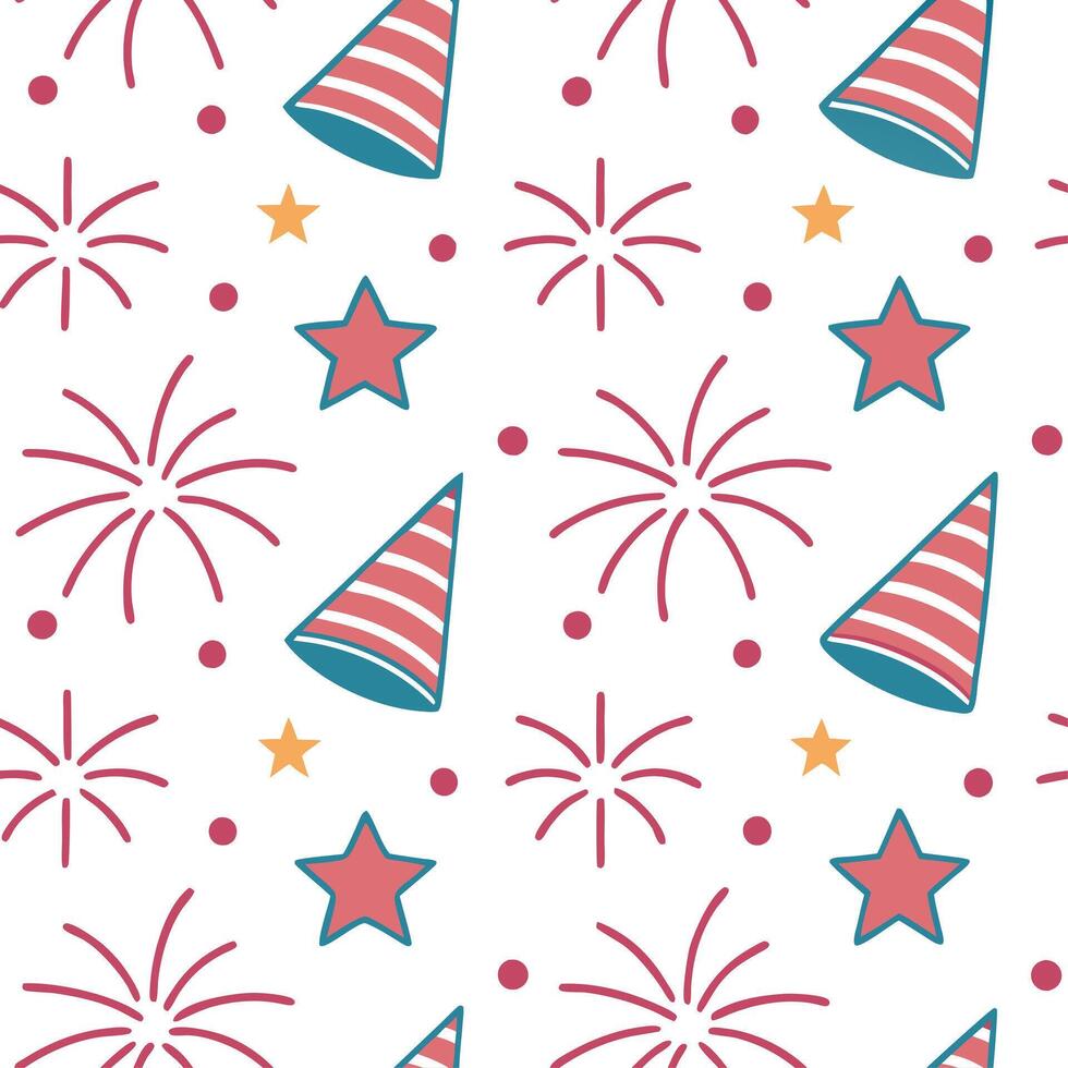 New Year seamless pattern with stars fireworks and party hats for a fun lively celebration feel concept as Fun New Year pattern with stars fireworks and party hats ideal for an ene Clean Set 2 vector