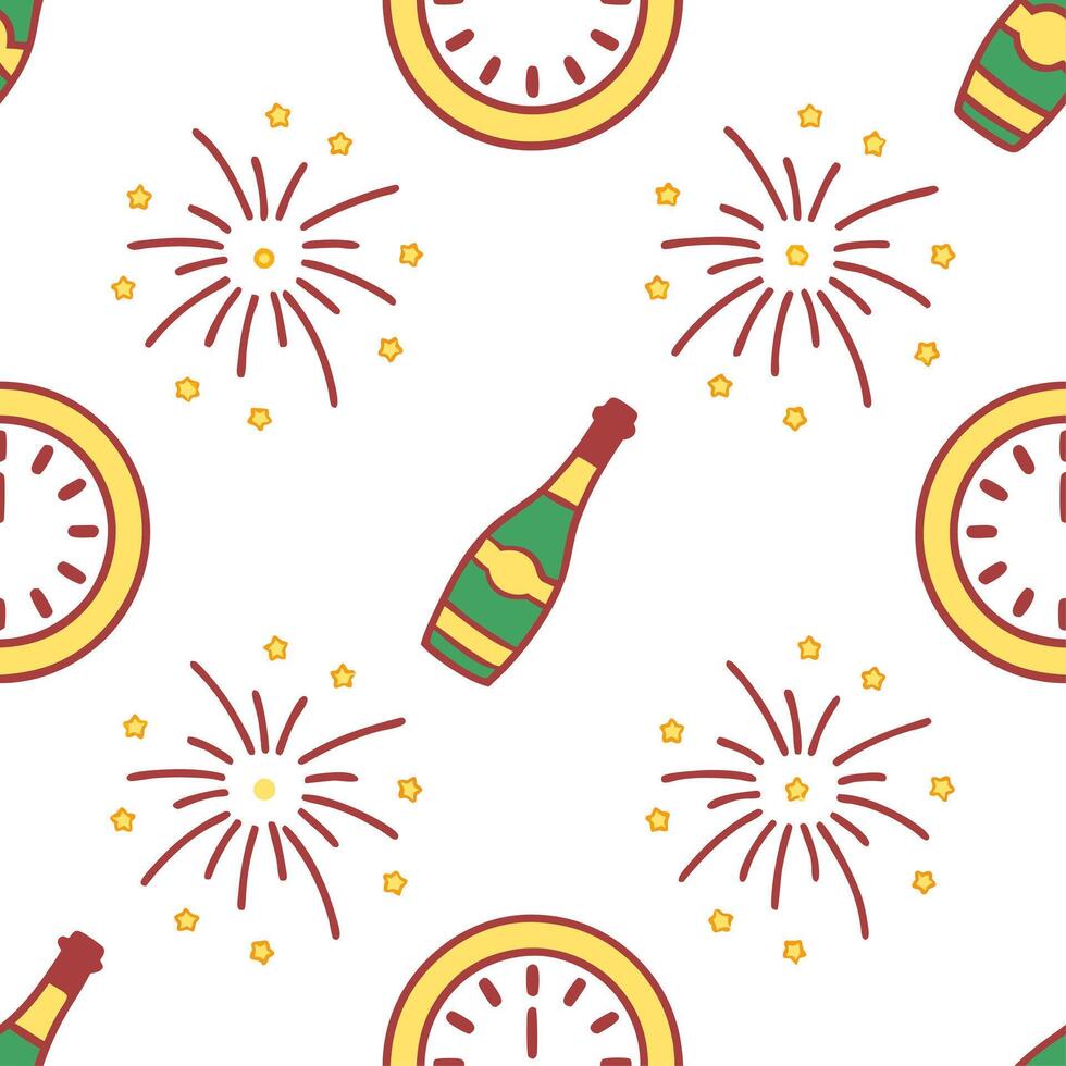 New Year seamless pattern with clocks fireworks and champagne bottles to mark the countdown to the New Year concept as Time themed New Year pattern featuring clocks fireworks and c Clean Set 2 vector