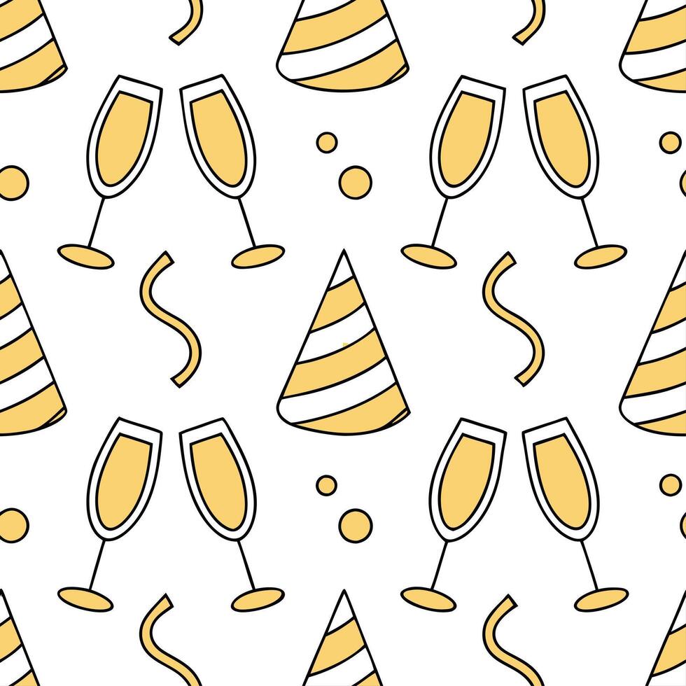 New Year seamless pattern with champagne glasses party hats and golden streamers for an elegant and festive celebration concept as Elegant New Year pattern with champagne glasses p Clean Set 4 vector