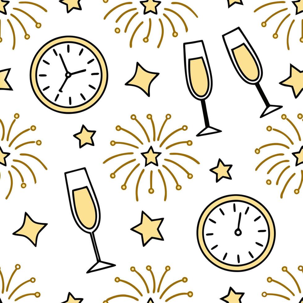 New Year celebration seamless tile pattern with fireworks champagne glasses and festive countdown vibes concept as Fireworks champagne glasses clocks and glittering gold create a s Clean vector