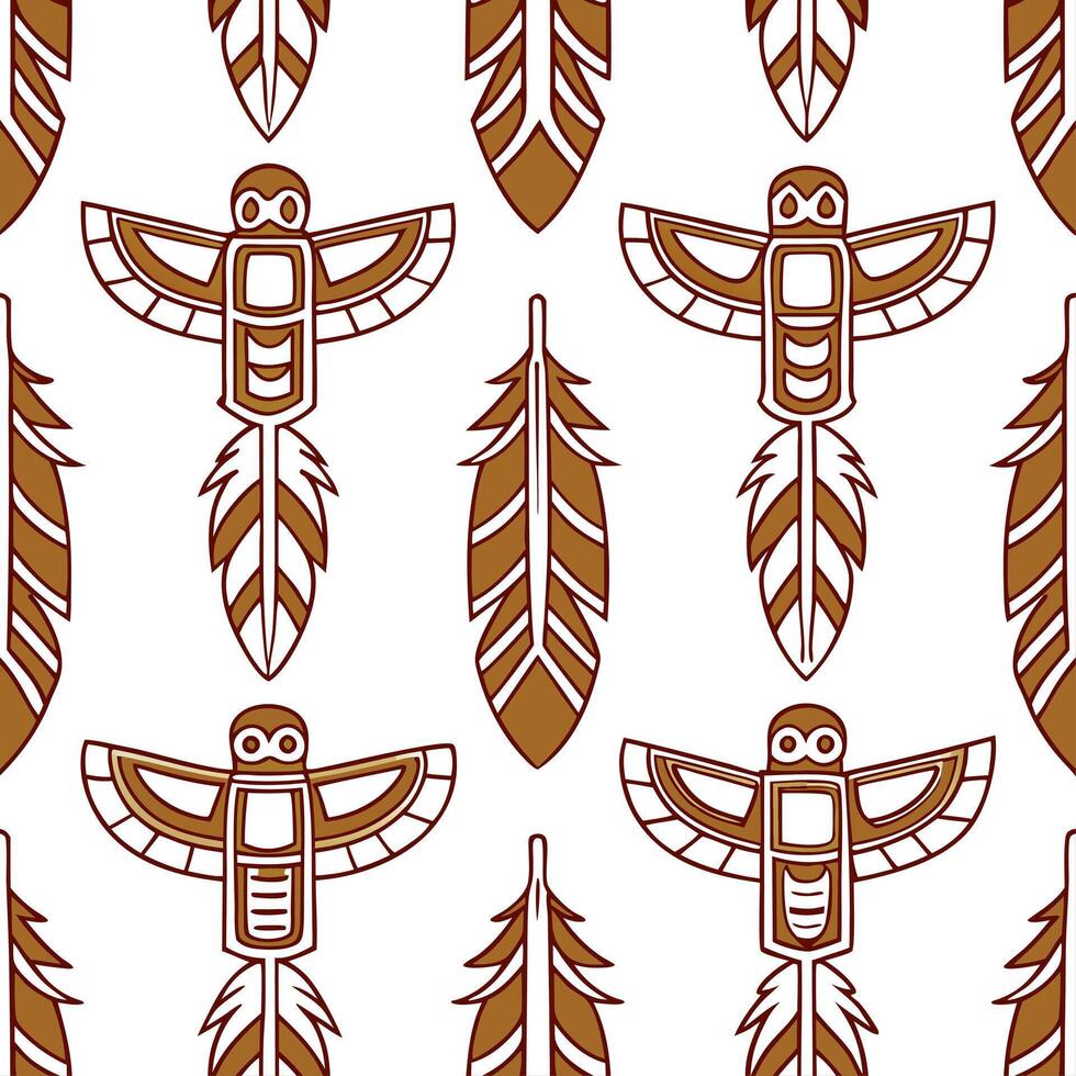 Native American totem poles and feathers seamless tile pattern with earthy tones and cultural motifs for authentic decor concept as Earthy toned totem poles and feathers arranged s Clean Set 4 vector