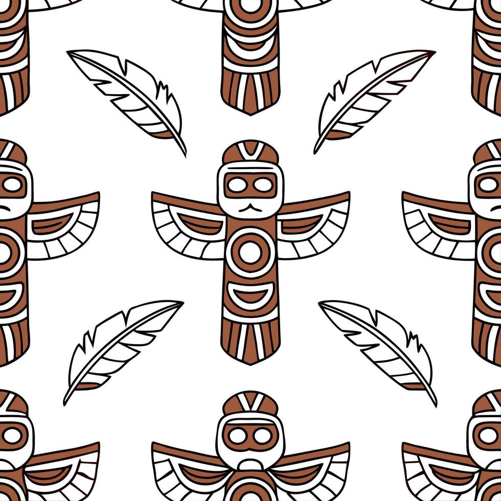 Native American totem poles and feathers seamless tile pattern with earthy tones and cultural motifs for authentic decor concept as Earthy toned totem poles and feathers arranged s Clean vector