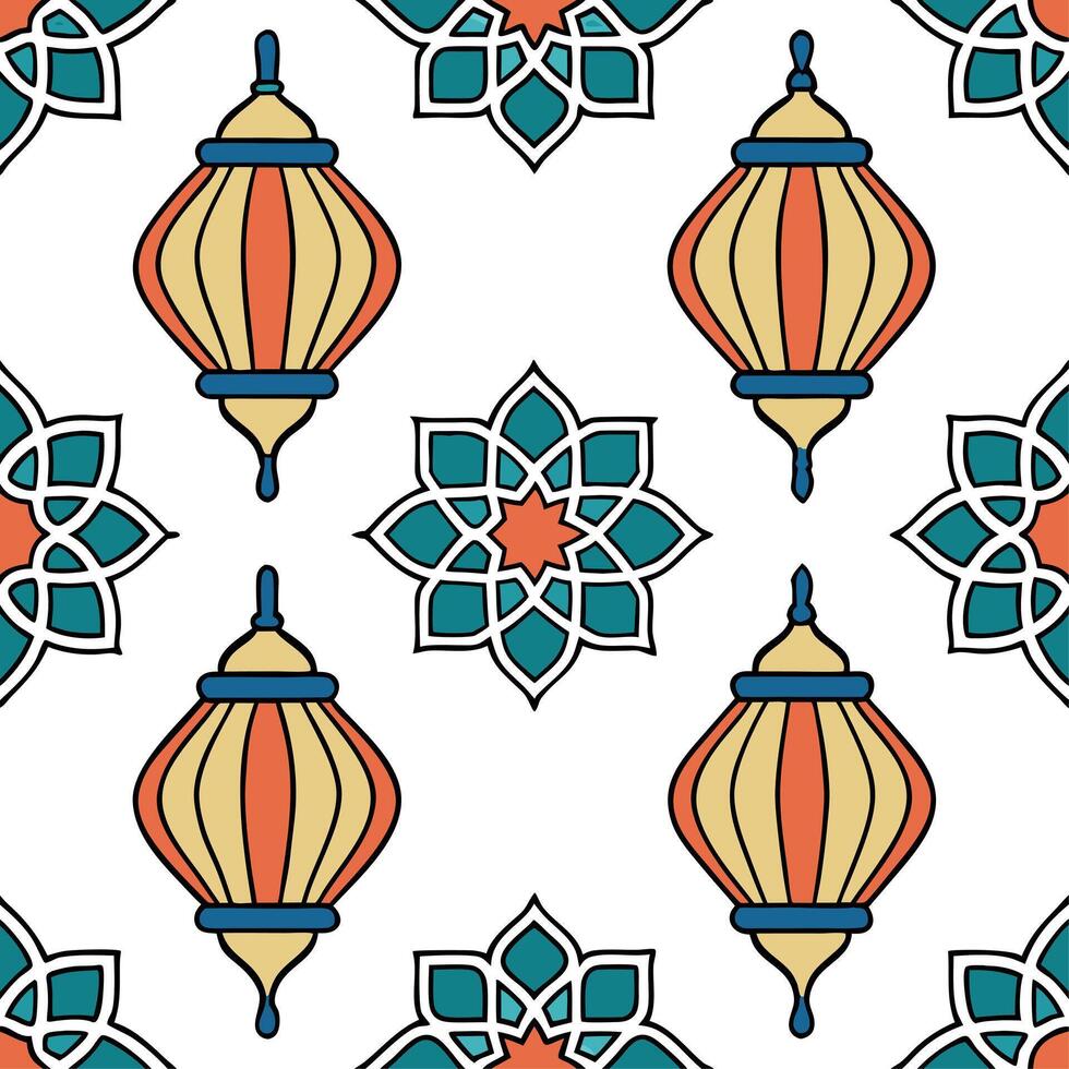 Moroccan tiles and lanterns seamless pattern with intricate designs and vibrant colors for exotic decor concept as Intricate Moroccan tiles and vibrant lanterns arranged seamlessly Clean Set 2 vector