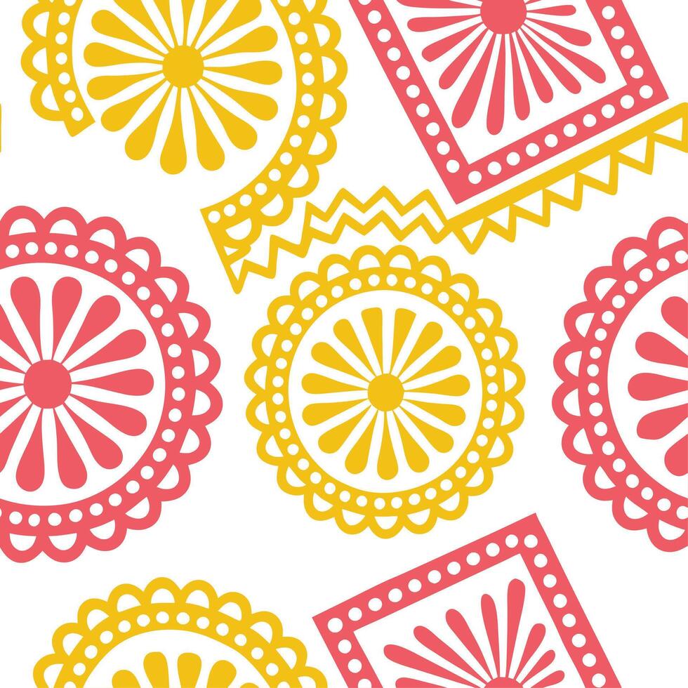 Mexican vibrant papel picado seamless tile pattern with bright colors and intricate cut out designs for festive decor concept as Brightly colored papel picado cut out designs arran Clean Set 2 vector