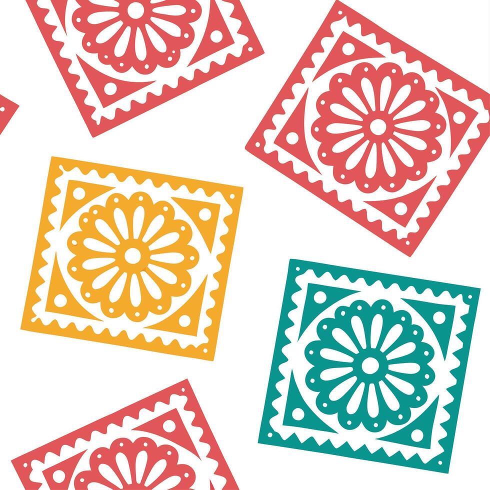 Mexican Papel Picado seamless tile pattern with vibrant colors and intricate cut out designs for festive decor concept as Vibrant papel picado cut out designs arranged seamlessly f Clean Set 2 vector